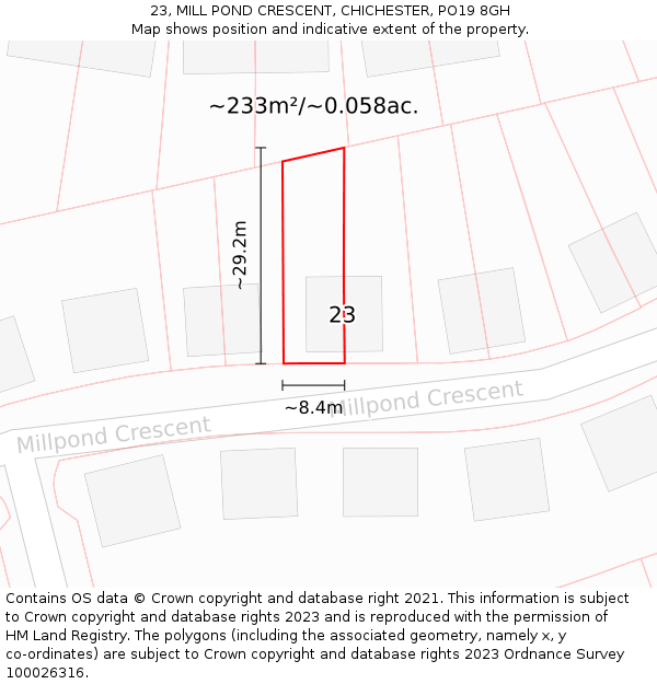 23, MILL POND CRESCENT, CHICHESTER, PO19 8GH: Plot and title map