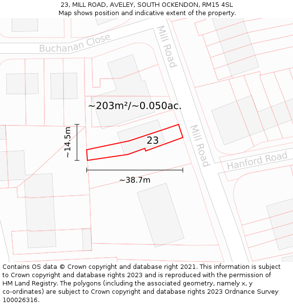 23, MILL ROAD, AVELEY, SOUTH OCKENDON, RM15 4SL: Plot and title map