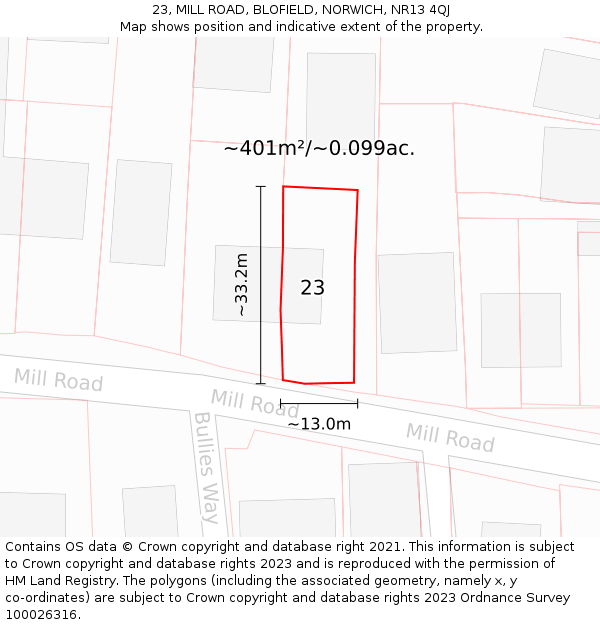 23, MILL ROAD, BLOFIELD, NORWICH, NR13 4QJ: Plot and title map