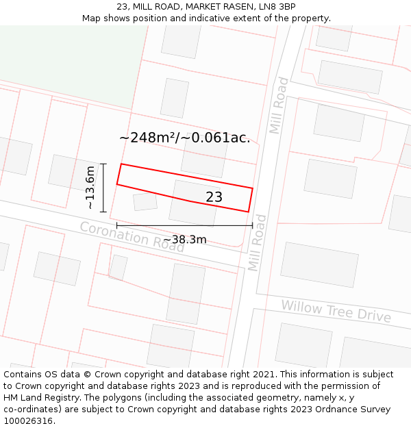 23, MILL ROAD, MARKET RASEN, LN8 3BP: Plot and title map