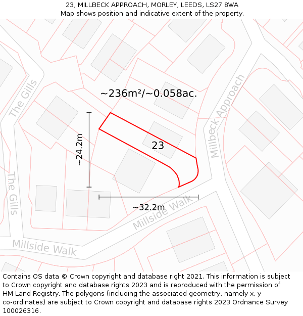 23, MILLBECK APPROACH, MORLEY, LEEDS, LS27 8WA: Plot and title map