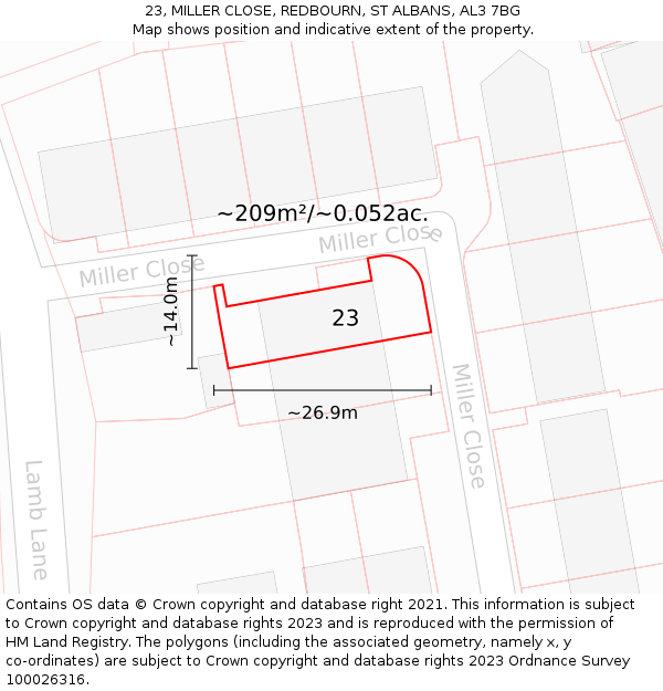 23, MILLER CLOSE, REDBOURN, ST ALBANS, AL3 7BG: Plot and title map