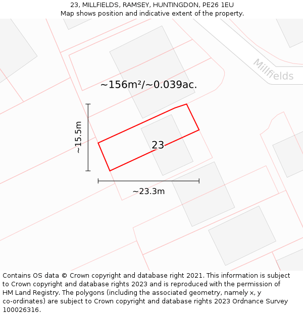 23, MILLFIELDS, RAMSEY, HUNTINGDON, PE26 1EU: Plot and title map
