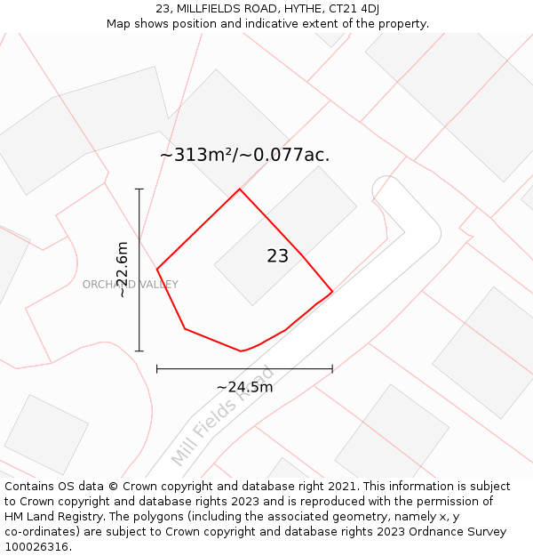 23, MILLFIELDS ROAD, HYTHE, CT21 4DJ: Plot and title map