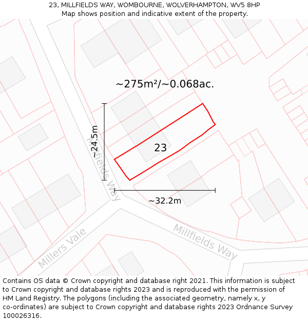 23, MILLFIELDS WAY, WOMBOURNE, WOLVERHAMPTON, WV5 8HP: Plot and title map