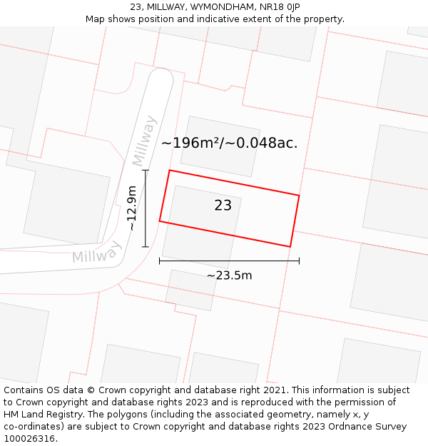 23, MILLWAY, WYMONDHAM, NR18 0JP: Plot and title map