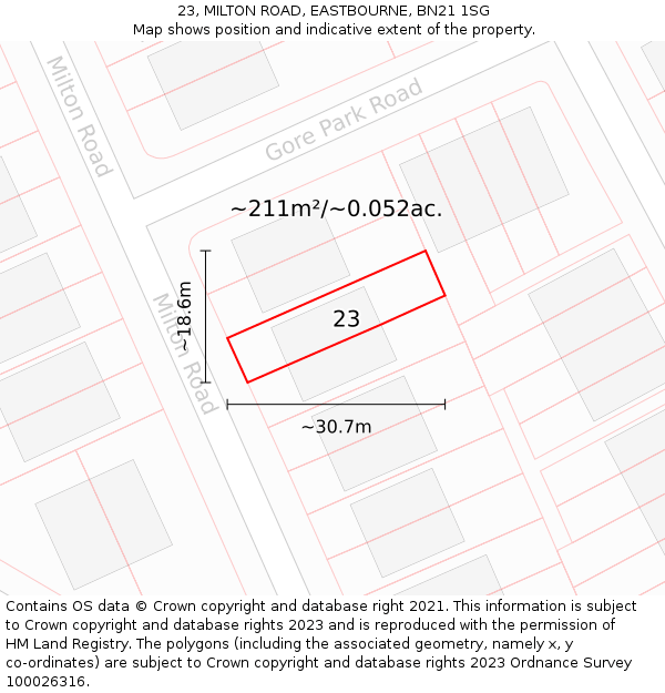 23, MILTON ROAD, EASTBOURNE, BN21 1SG: Plot and title map
