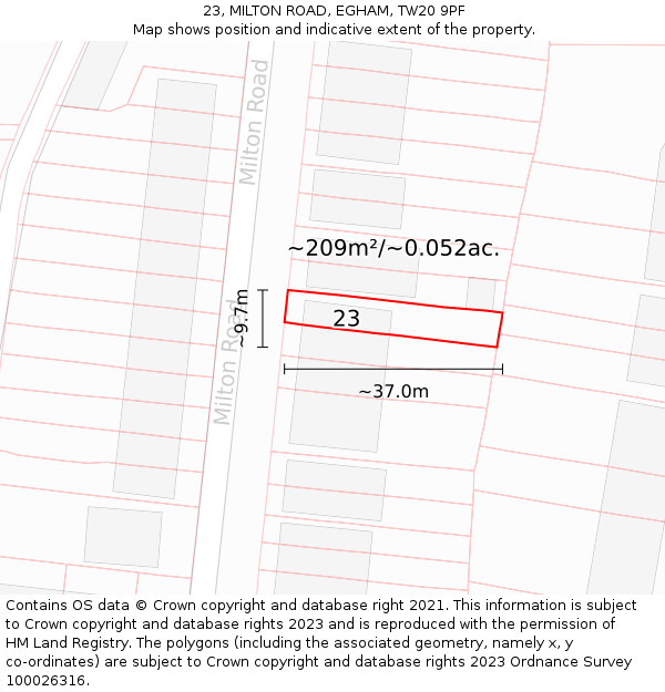 23, MILTON ROAD, EGHAM, TW20 9PF: Plot and title map