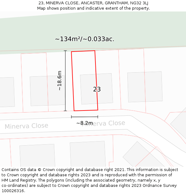 23, MINERVA CLOSE, ANCASTER, GRANTHAM, NG32 3LJ: Plot and title map