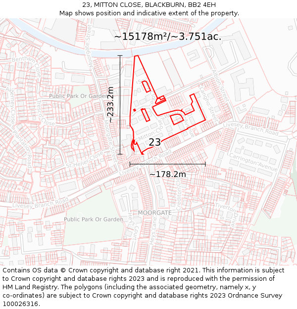 23, MITTON CLOSE, BLACKBURN, BB2 4EH: Plot and title map