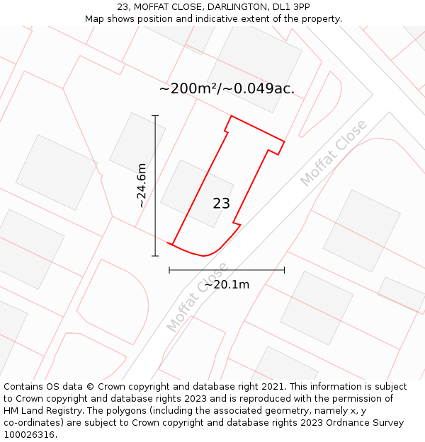 23, MOFFAT CLOSE, DARLINGTON, DL1 3PP: Plot and title map