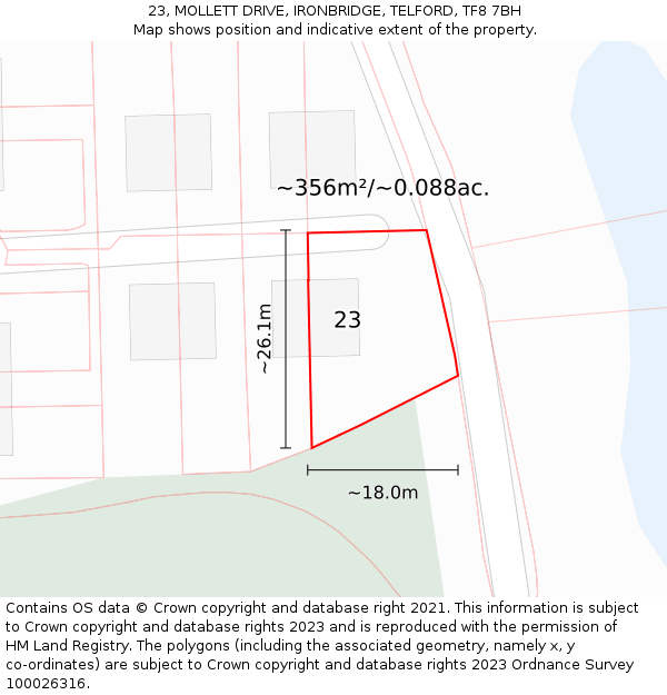 23, MOLLETT DRIVE, IRONBRIDGE, TELFORD, TF8 7BH: Plot and title map