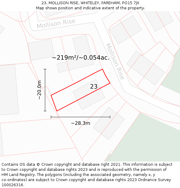 23, MOLLISON RISE, WHITELEY, FAREHAM, PO15 7JX: Plot and title map