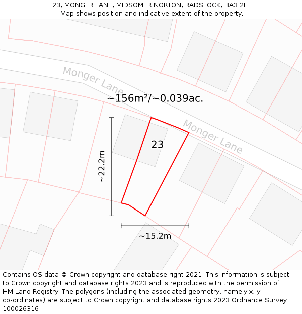 23, MONGER LANE, MIDSOMER NORTON, RADSTOCK, BA3 2FF: Plot and title map