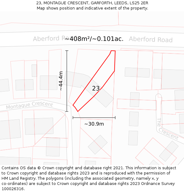 23, MONTAGUE CRESCENT, GARFORTH, LEEDS, LS25 2ER: Plot and title map