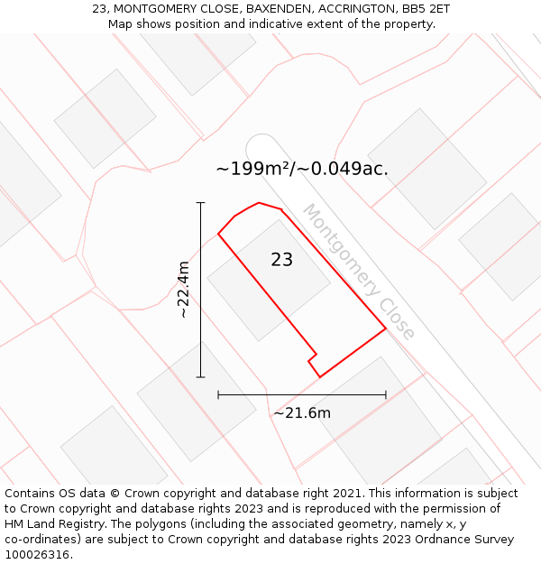 23, MONTGOMERY CLOSE, BAXENDEN, ACCRINGTON, BB5 2ET: Plot and title map
