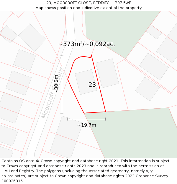 23, MOORCROFT CLOSE, REDDITCH, B97 5WB: Plot and title map