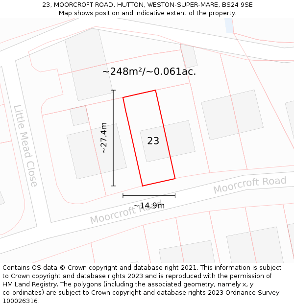 23, MOORCROFT ROAD, HUTTON, WESTON-SUPER-MARE, BS24 9SE: Plot and title map