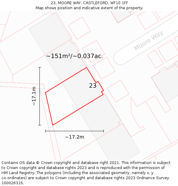 23, MOORE WAY, CASTLEFORD, WF10 1FF: Plot and title map