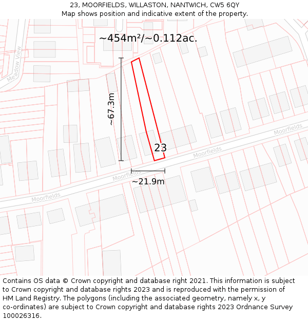 23, MOORFIELDS, WILLASTON, NANTWICH, CW5 6QY: Plot and title map