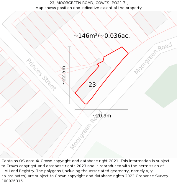 23, MOORGREEN ROAD, COWES, PO31 7LJ: Plot and title map