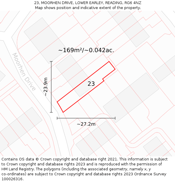 23, MOORHEN DRIVE, LOWER EARLEY, READING, RG6 4NZ: Plot and title map