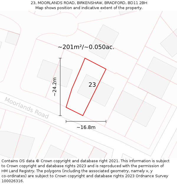 23, MOORLANDS ROAD, BIRKENSHAW, BRADFORD, BD11 2BH: Plot and title map