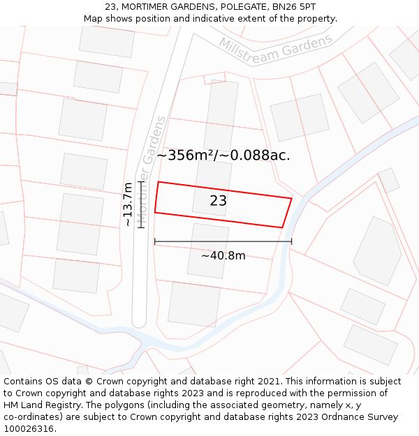 23, MORTIMER GARDENS, POLEGATE, BN26 5PT: Plot and title map
