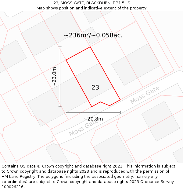 23, MOSS GATE, BLACKBURN, BB1 5HS: Plot and title map