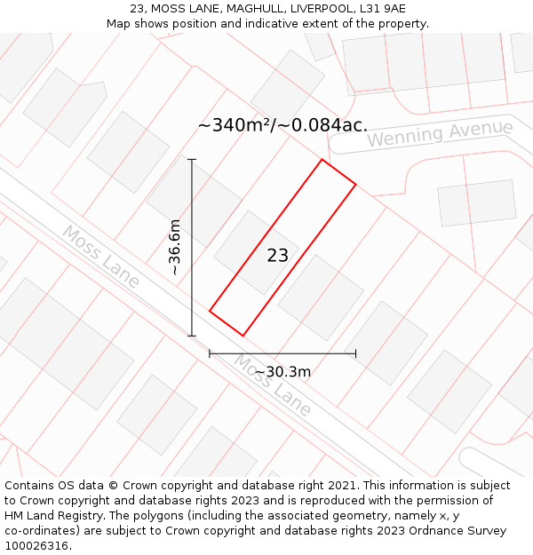 23, MOSS LANE, MAGHULL, LIVERPOOL, L31 9AE: Plot and title map