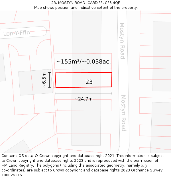 23, MOSTYN ROAD, CARDIFF, CF5 4QE: Plot and title map