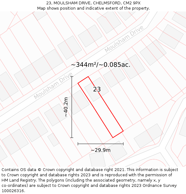 23, MOULSHAM DRIVE, CHELMSFORD, CM2 9PX: Plot and title map
