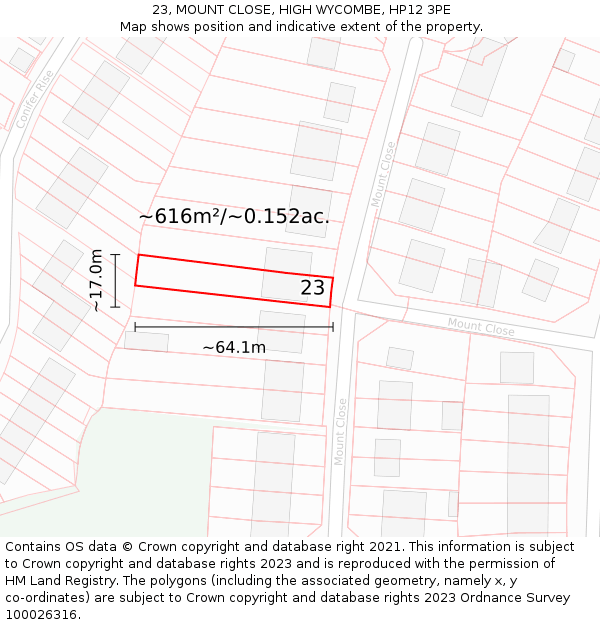 23, MOUNT CLOSE, HIGH WYCOMBE, HP12 3PE: Plot and title map
