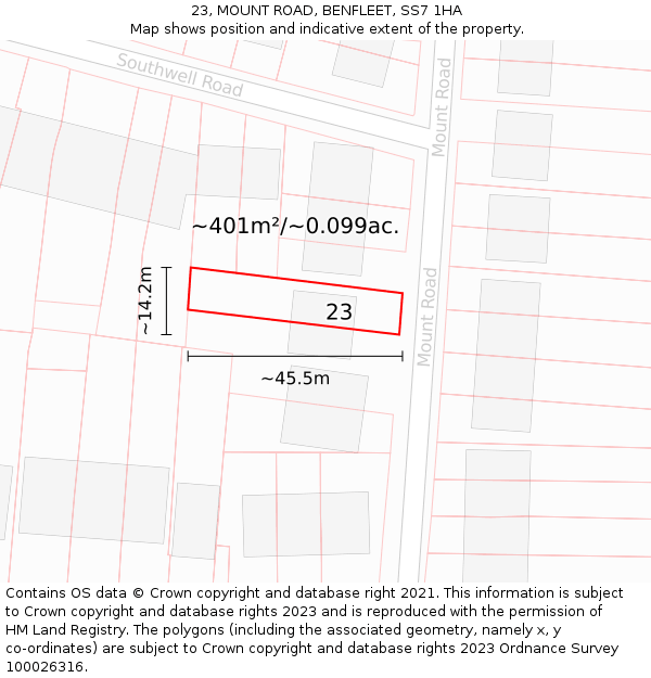 23, MOUNT ROAD, BENFLEET, SS7 1HA: Plot and title map
