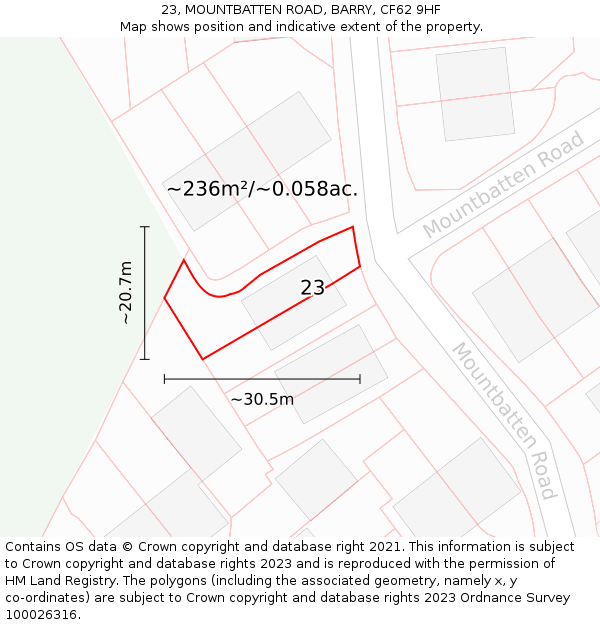 23, MOUNTBATTEN ROAD, BARRY, CF62 9HF: Plot and title map