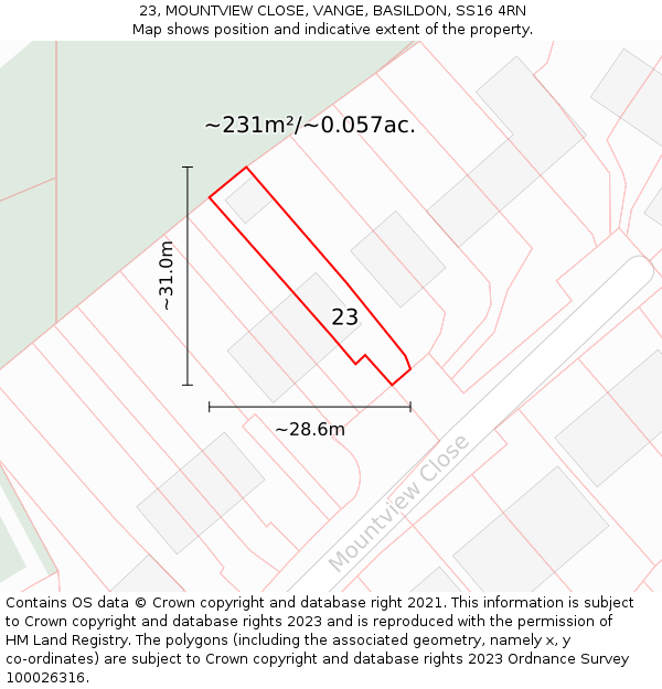 23, MOUNTVIEW CLOSE, VANGE, BASILDON, SS16 4RN: Plot and title map