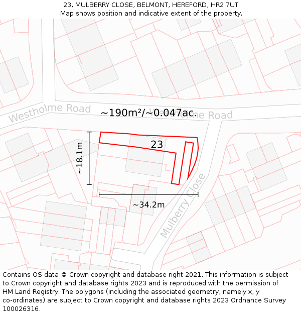 23, MULBERRY CLOSE, BELMONT, HEREFORD, HR2 7UT: Plot and title map
