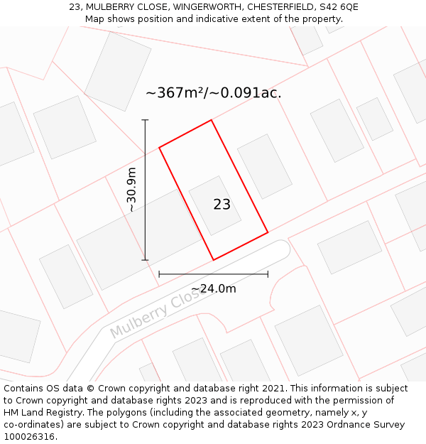 23, MULBERRY CLOSE, WINGERWORTH, CHESTERFIELD, S42 6QE: Plot and title map