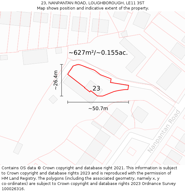 23, NANPANTAN ROAD, LOUGHBOROUGH, LE11 3ST: Plot and title map
