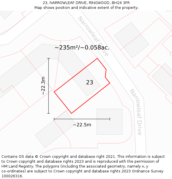 23, NARROWLEAF DRIVE, RINGWOOD, BH24 3FR: Plot and title map