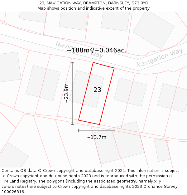 23, NAVIGATION WAY, BRAMPTON, BARNSLEY, S73 0YD: Plot and title map