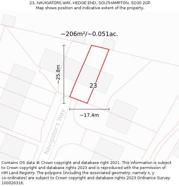 23, NAVIGATORS WAY, HEDGE END, SOUTHAMPTON, SO30 2GP: Plot and title map