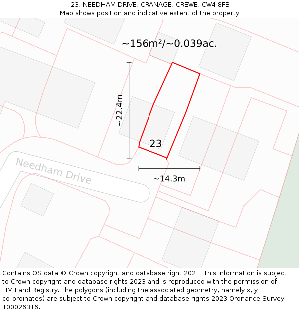 23, NEEDHAM DRIVE, CRANAGE, CREWE, CW4 8FB: Plot and title map