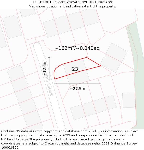 23, NEEDHILL CLOSE, KNOWLE, SOLIHULL, B93 9QS: Plot and title map