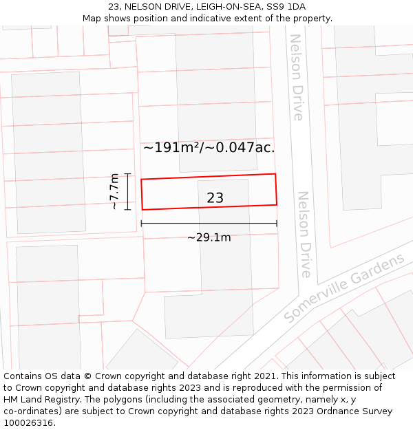 23, NELSON DRIVE, LEIGH-ON-SEA, SS9 1DA: Plot and title map