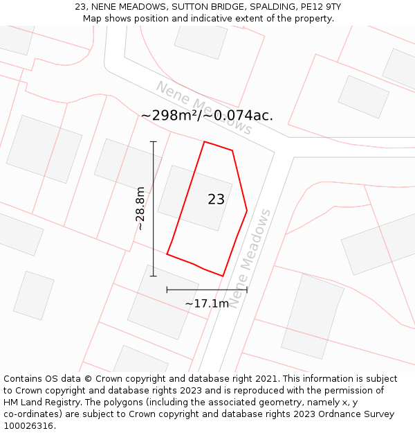 23, NENE MEADOWS, SUTTON BRIDGE, SPALDING, PE12 9TY: Plot and title map