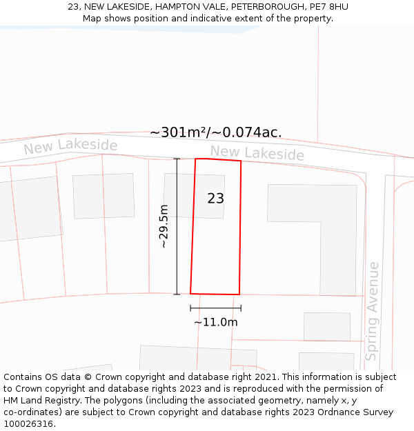 23, NEW LAKESIDE, HAMPTON VALE, PETERBOROUGH, PE7 8HU: Plot and title map