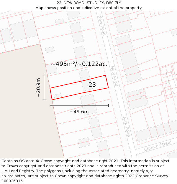 23, NEW ROAD, STUDLEY, B80 7LY: Plot and title map