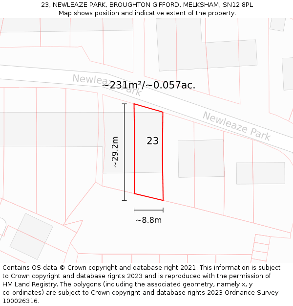 23, NEWLEAZE PARK, BROUGHTON GIFFORD, MELKSHAM, SN12 8PL: Plot and title map