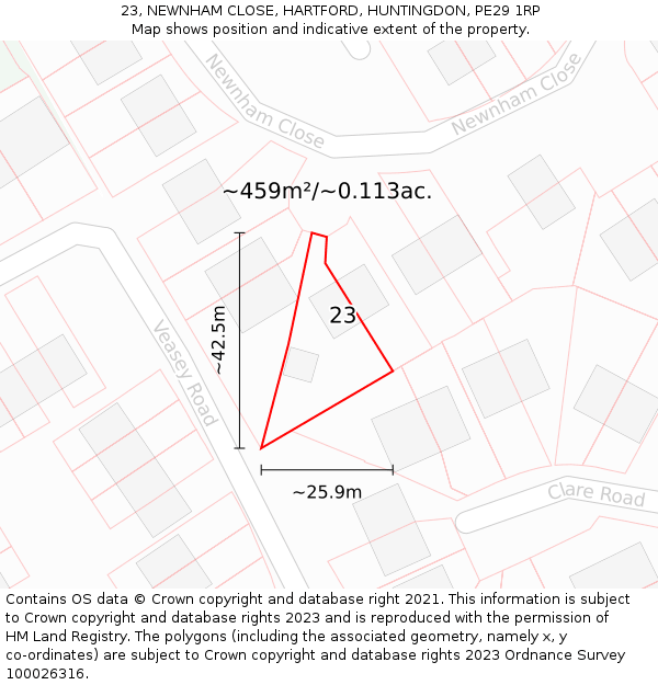 23, NEWNHAM CLOSE, HARTFORD, HUNTINGDON, PE29 1RP: Plot and title map